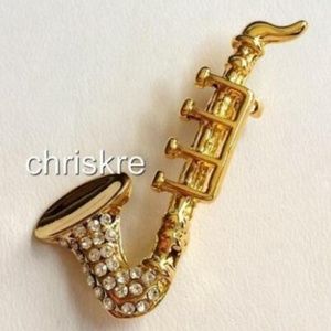 Gold Crystal Saxophone Pin Brooch Jazz Sax Music
